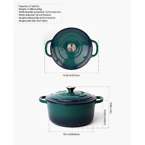 뚜껑이 있는 저장실 및 포도나무 에나멜 주철 더치 오븐 - 대형 손잡이, 돔 뚜껑, 사워도우 빵 만들기용 더치 오븐 – 5.7QT/5.4L - (Bondi)
