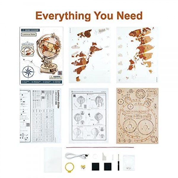 ROBOTIME 성인을 위한 나무 퍼즐 Luminous Globe ST003, 성인을 위한 장난감 건물 세트, LED 조명이 있는 나무 지구본 모델 키트, 집 온난화 선물 새로운 가정/기념일/생일/교사/