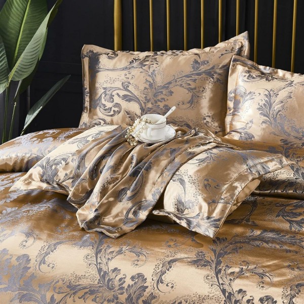 Baijinbai 침대 린넨 새틴 자카드 플로랄 패턴 자수 이불 커버 3피스 및 베개 커버 2개 극세사 새틴 Luxus 지퍼 클로저가 있는 뒤집을 수 있는 침구 세트(브라운, 200cm x 200cm+