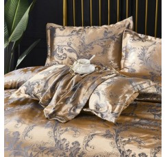 Baijinbai 침대 린넨 새틴 자카드 플로랄 패턴 자수 이불 커버 3피스 및 베개 커버 2개 극세사 새틴 Luxus 지퍼 클로저가 있는 뒤집을 수 있는 침구 세트(브라운, 200cm x 200cm+