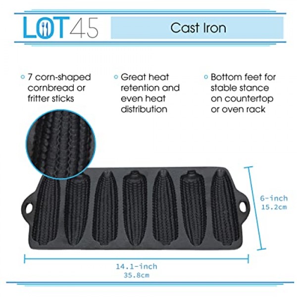 Lot45 스틱 7개용 주철 콘브레드 팬 - 옥수수 스틱, 빵, 튀김, 케이크를 굽는 오븐용 옥수수 모양 베이킹 팬