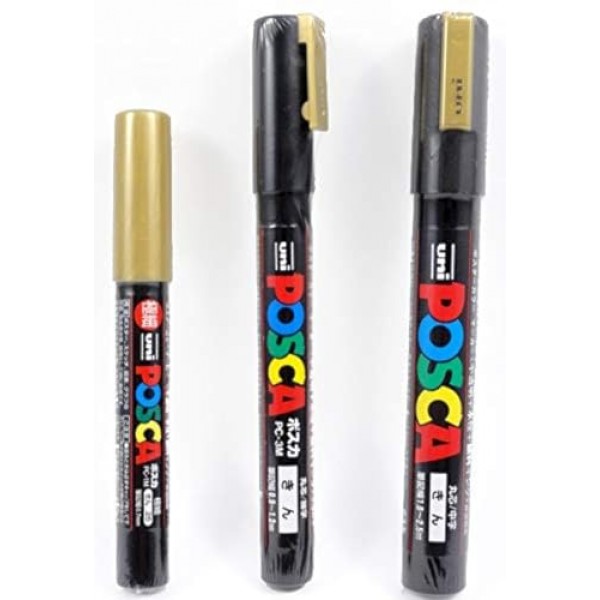 Uni Posca 3 골드 페인트 마커 = 팩당 3가지 포인트 크기: PC-1M(0.7mm), 3M(0.9~1.3mm), 5M(1.8~2.5mm)