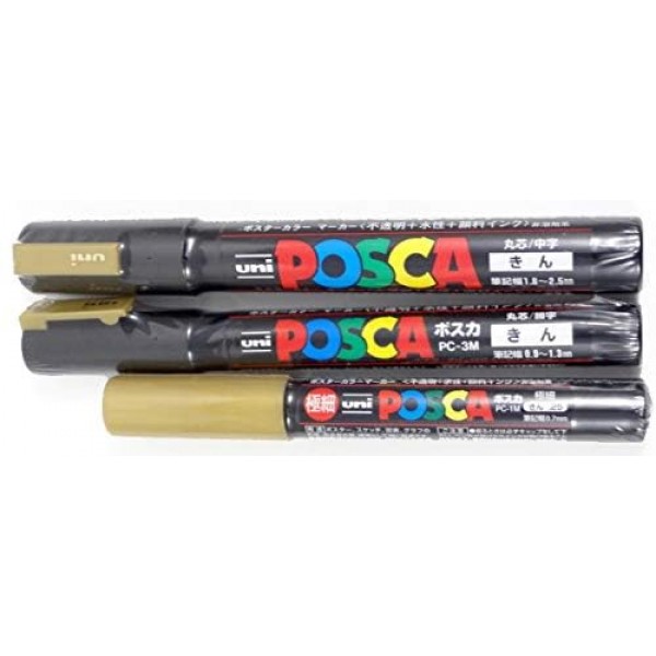 Uni Posca 3 골드 페인트 마커 = 팩당 3가지 포인트 크기: PC-1M(0.7mm), 3M(0.9~1.3mm), 5M(1.8~2.5mm)