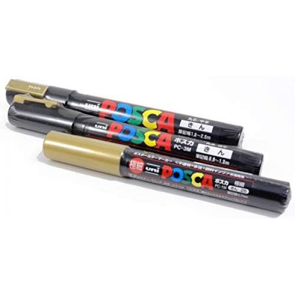 Uni Posca 3 골드 페인트 마커 = 팩당 3가지 포인트 크기: PC-1M(0.7mm), 3M(0.9~1.3mm), 5M(1.8~2.5mm)