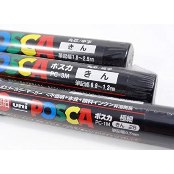 Uni Posca 3 골드 페인트 마커 = 팩당 3가지 포인트 크기: PC-1M(0.7mm), 3M(0.9~1.3mm), 5M(1.8~2.5mm)