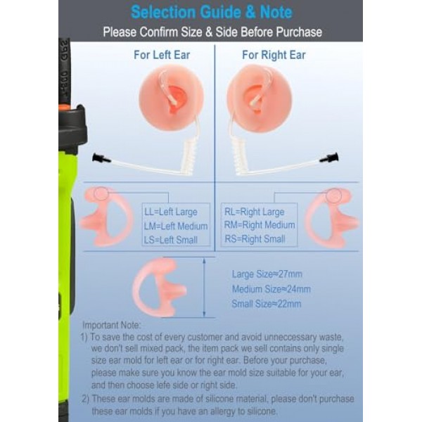 양방향 라디오 어쿠스틱 튜브 이어폰용 commountain 이어몰드, 워키토키 코일 튜브 헤드셋용 이어버드, 실리콘 이어플러그 인서트, Motorola Kenwood Baofeng 이어폰 등과 호환 