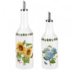 포트메리온 식물원 오일 및 식초 드리즐러 세트 | 오일과 식초 디스펜서 양념병 병 세트 | 해바라기 & 수국 꽃무늬 디자인 | 도자기로 만든