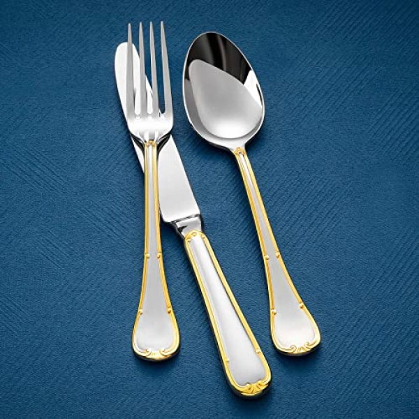 KEAWELL 엘리자베스 포크, 4개 세트, 18/10 스테인리스 스틸 포크 세트, 거울 광택, 식기세척기 사용 가능, 골드 액센트, 뛰어난 포크 세트, 정식 식사에 적합(7.4