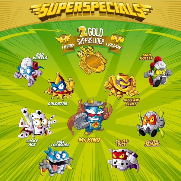SUPERTHINGS RIVALS OF KABOOM Lata Gold Series 3에는 울트라 링(미스터 킹), 골드 리더 2명, 실버 캡틴 6명, 골드 슈퍼슬라이더 2명을 포함한 시리즈 3의 모든 스페셜 피규어가 포함