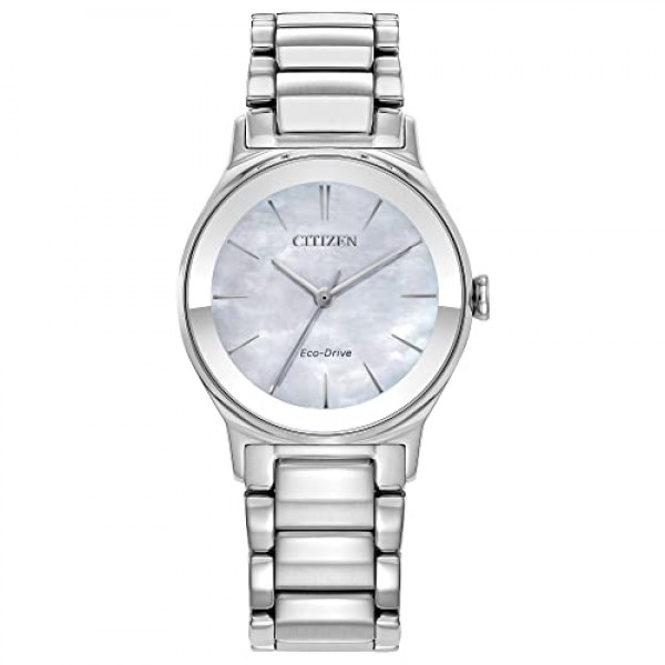 Citizen 여성용 에코드라이브 Axiom 실버 스테인레스 스틸 시계, 블루 자개 다이얼, 28mm (모델: EM0731-54N)