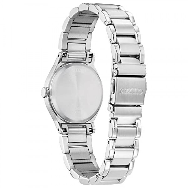 Citizen 여성용 에코드라이브 Axiom 실버 스테인레스 스틸 시계, 블루 자개 다이얼, 28mm (모델: EM0731-54N)