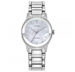 Citizen 여성용 에코드라이브 Axiom 실버 스테인레스 스틸 시계, 블루 자개 다이얼, 28mm (모델: EM0731-54N)