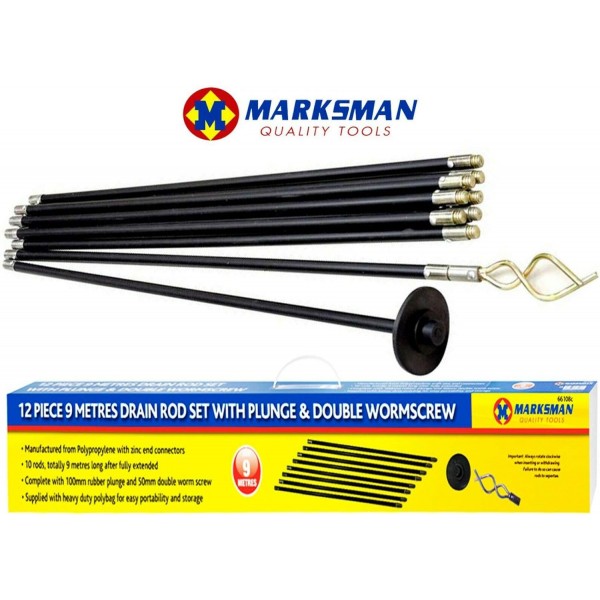 12 x Pcs Marksman 드레인 로드 세트 전문 헤비 듀티 차단 해제 플런저 이중 웜 나사 9M 차단되지 않은 배수 파이프 청소 거터 도로 차단기 영국 무료 P&P