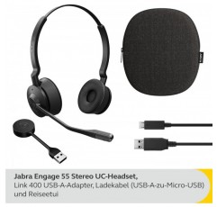Jabra Engage 55 무선 스테레오 헤드셋(Link 400 USB-A DECT 어댑터 포함) - 잡음 제거 마이크, 장거리, 청력 보호 - MS Teams 인증 - 블랙 USB-A 스테레오 MS