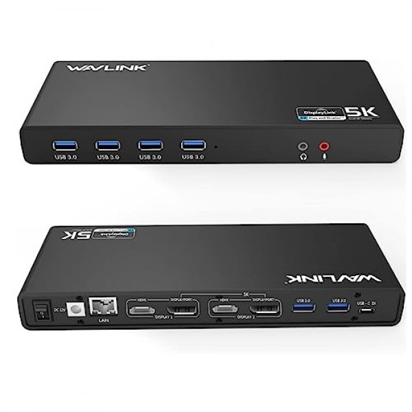 WAVLINK USB 3.0 및 USB-C 듀얼 4K 디스플레이 노트북 도킹 스테이션, Windows 및 Mac용 5K/듀얼 4K @60Hz 도킹 스테이션 듀얼 모니터,(HDMI 2개 및 DP 2개, 기가비트 이더넷, USB 3.0 6개, 