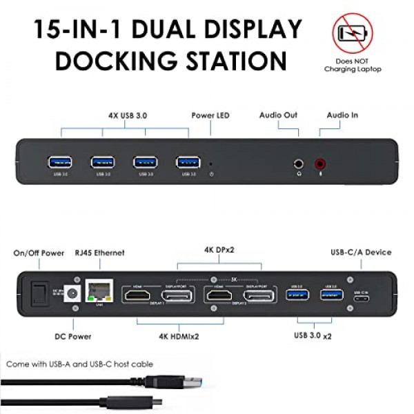 WAVLINK USB 3.0 및 USB-C 듀얼 4K 디스플레이 노트북 도킹 스테이션, Windows 및 Mac용 5K/듀얼 4K @60Hz 도킹 스테이션 듀얼 모니터,(HDMI 2개 및 DP 2개, 기가비트 이더넷, USB 3.0 6개, 