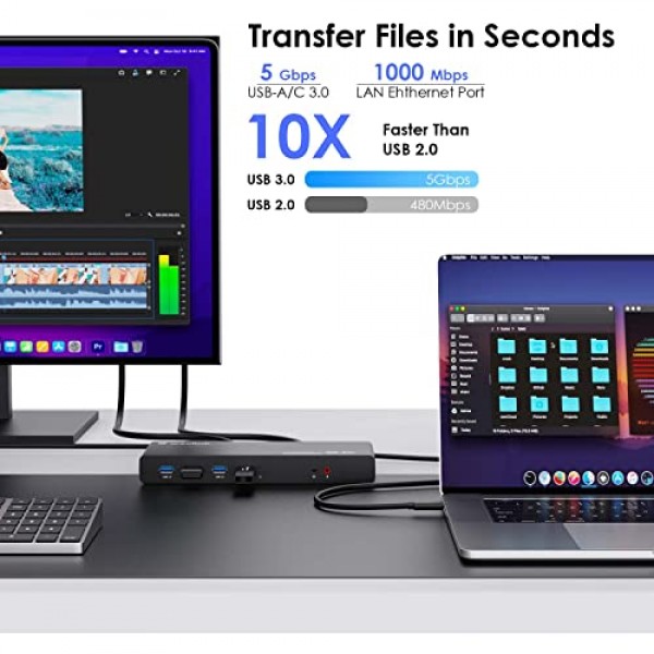 WAVLINK USB 3.0 및 USB-C 듀얼 4K 디스플레이 노트북 도킹 스테이션, Windows 및 Mac용 5K/듀얼 4K @60Hz 도킹 스테이션 듀얼 모니터,(HDMI 2개 및 DP 2개, 기가비트 이더넷, USB 3.0 6개, 