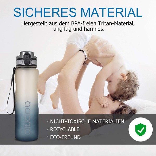 ADORIC 스포츠 물병 1L 500ml BPA 무료 Tritan 무독성 플라스틱 스포츠 워터 컵 내구성 누출 방지 필터 플립 탑 그라디언트 그레이 1000ml