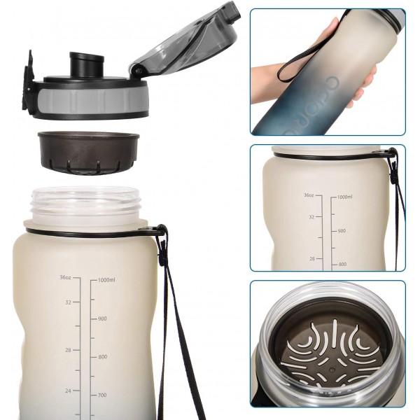 ADORIC 스포츠 물병 1L 500ml BPA 무료 Tritan 무독성 플라스틱 스포츠 워터 컵 내구성 누출 방지 필터 플립 탑 그라디언트 그레이 1000ml
