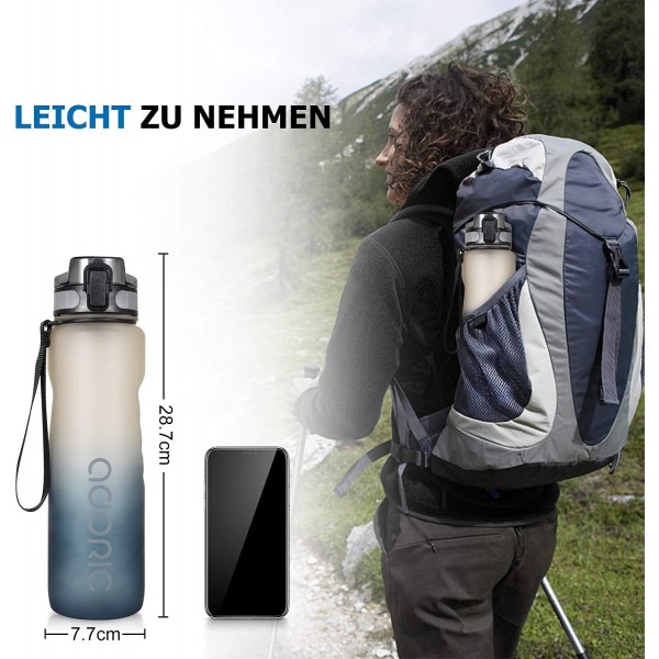 ADORIC 스포츠 물병 1L 500ml BPA 무료 Tritan 무독성 플라스틱 스포츠 워터 컵 내구성 누출 방지 필터 플립 탑 그라디언트 그레이 1000ml