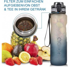 ADORIC 스포츠 물병 1L 500ml BPA 무료 Tritan 무독성 플라스틱 스포츠 워터 컵 내구성 누출 방지 필터 플립 탑 그라디언트 그레이 1000ml