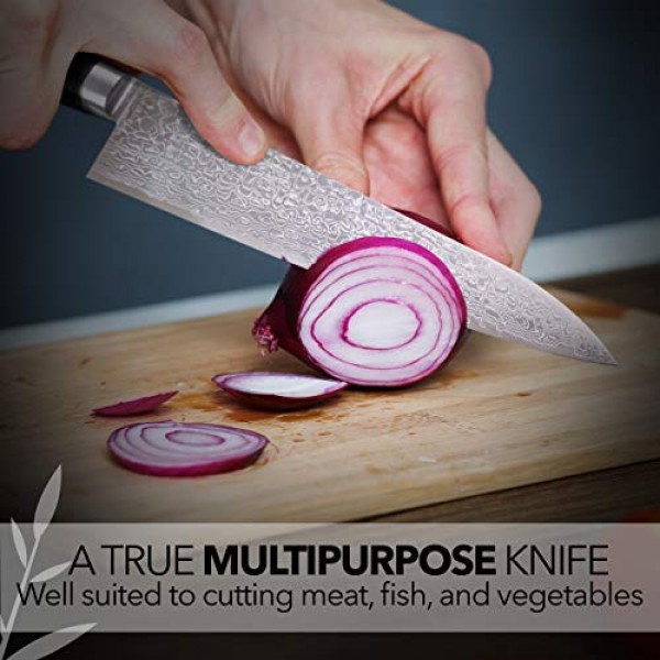 JCK 오리지널 가가야키 일본 요리사 칼, KGRP-3 전문 규토 칼, 광택 무늬 다마스커스 스테인레스 스틸, 인체공학적 블랙 파카 나무 손잡이, 8.2인치