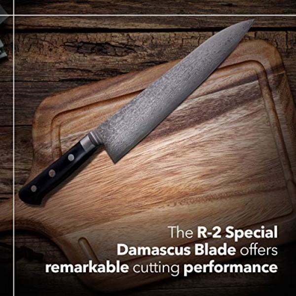 JCK 오리지널 가가야키 일본 요리사 칼, KGRP-3 전문 규토 칼, 광택 무늬 다마스커스 스테인레스 스틸, 인체공학적 블랙 파카 나무 손잡이, 8.2인치