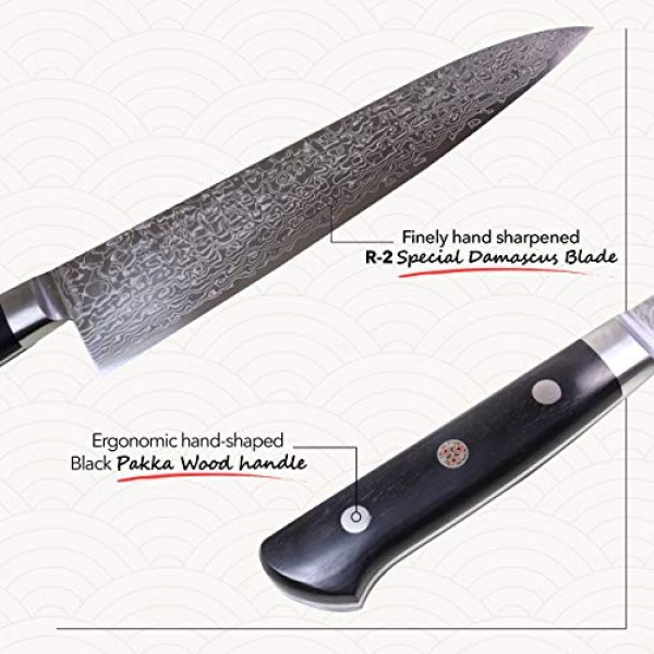 JCK 오리지널 가가야키 일본 요리사 칼, KGRP-3 전문 규토 칼, 광택 무늬 다마스커스 스테인레스 스틸, 인체공학적 블랙 파카 나무 손잡이, 8.2인치