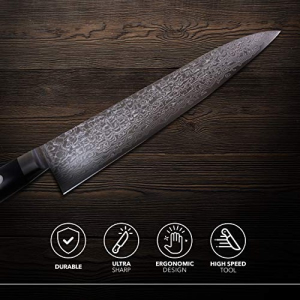 JCK 오리지널 가가야키 일본 요리사 칼, KGRP-3 전문 규토 칼, 광택 무늬 다마스커스 스테인레스 스틸, 인체공학적 블랙 파카 나무 손잡이, 8.2인치