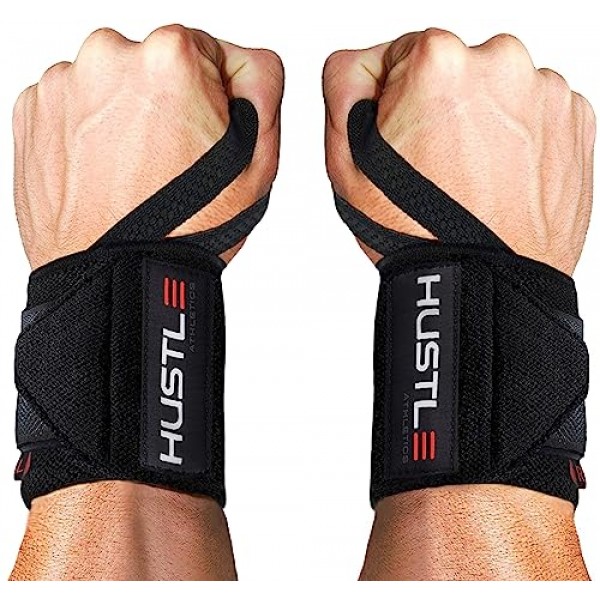 Hustle Athletics 손목 랩 역도 - 체육관 및 크로스핏을 위한 최고의 지원 - 더 무거워지도록 손목을 보호하고 부상을 방지하며 즉시 운동을 향상시키세요 - 남성 및 여성용