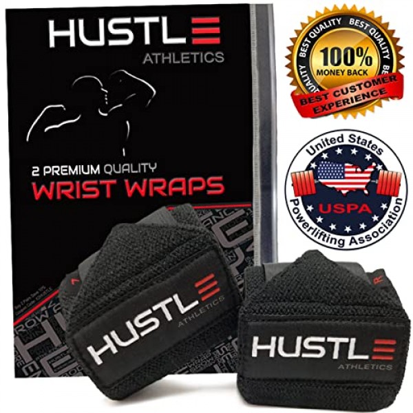 Hustle Athletics 손목 랩 역도 - 체육관 및 크로스핏을 위한 최고의 지원 - 더 무거워지도록 손목을 보호하고 부상을 방지하며 즉시 운동을 향상시키세요 - 남성 및 여성용