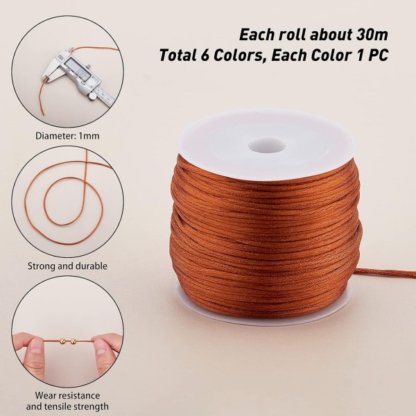 PandaHall 192 야드 6 색 새틴 Rattail 코드, 중국 매듭, Macrame, 구슬 장식, 우정 팔찌 쥬얼리 만들기위한 나일론 트리밍이있는 1mm 실크 코드