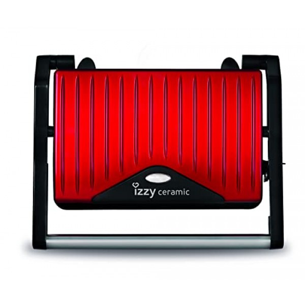 izzy Panini Grill Spicy Red Collection, 콘택트 그릴, 샌드위치 메이커, 고기, 생선, 야채용 멀티 그릴, 완벽한 굽기를 위한 세라믹 플레이트, 800W, 케이블 보관