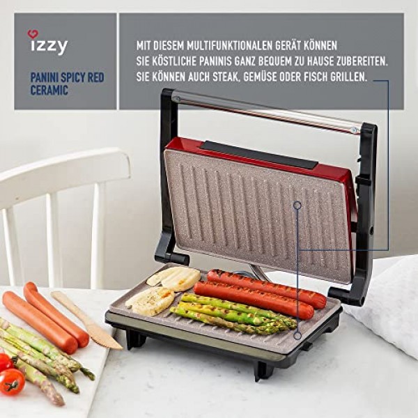 izzy Panini Grill Spicy Red Collection, 콘택트 그릴, 샌드위치 메이커, 고기, 생선, 야채용 멀티 그릴, 완벽한 굽기를 위한 세라믹 플레이트, 800W, 케이블 보관