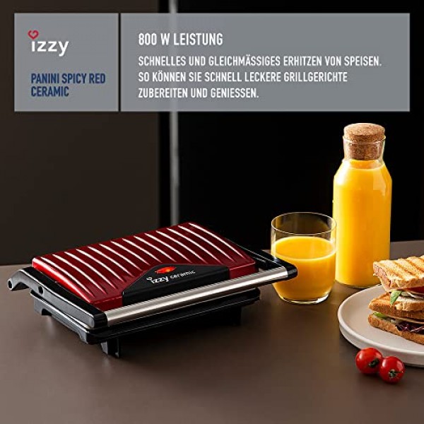 izzy Panini Grill Spicy Red Collection, 콘택트 그릴, 샌드위치 메이커, 고기, 생선, 야채용 멀티 그릴, 완벽한 굽기를 위한 세라믹 플레이트, 800W, 케이블 보관