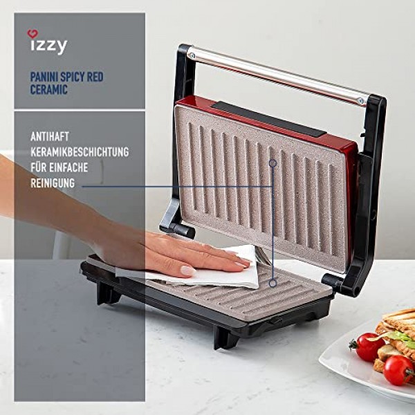 izzy Panini Grill Spicy Red Collection, 콘택트 그릴, 샌드위치 메이커, 고기, 생선, 야채용 멀티 그릴, 완벽한 굽기를 위한 세라믹 플레이트, 800W, 케이블 보관