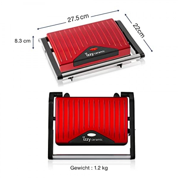 izzy Panini Grill Spicy Red Collection, 콘택트 그릴, 샌드위치 메이커, 고기, 생선, 야채용 멀티 그릴, 완벽한 굽기를 위한 세라믹 플레이트, 800W, 케이블 보관