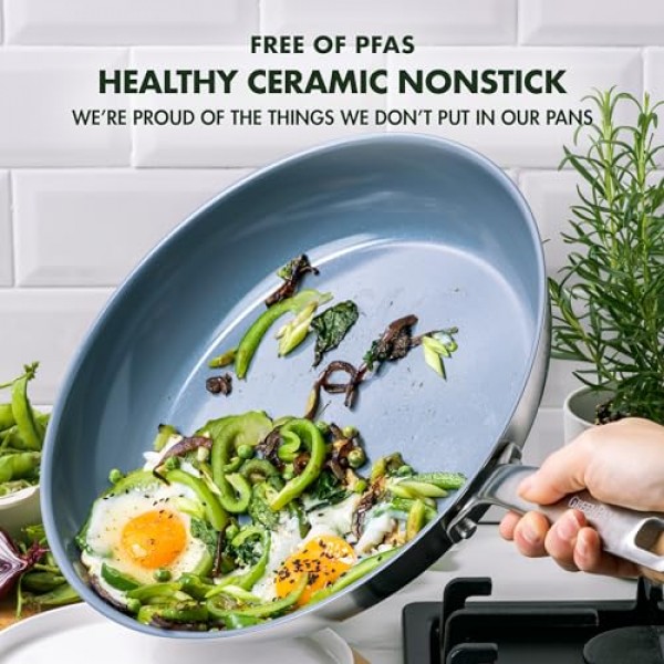 GreenPan Treviso 스테인리스 스틸 건강 세라믹 논스틱, 12인치 뚜껑이 있는 프라이팬 프라이팬, PFAS 없음, 클래드, 인덕션, 식기세척기 사용 가능, 실버