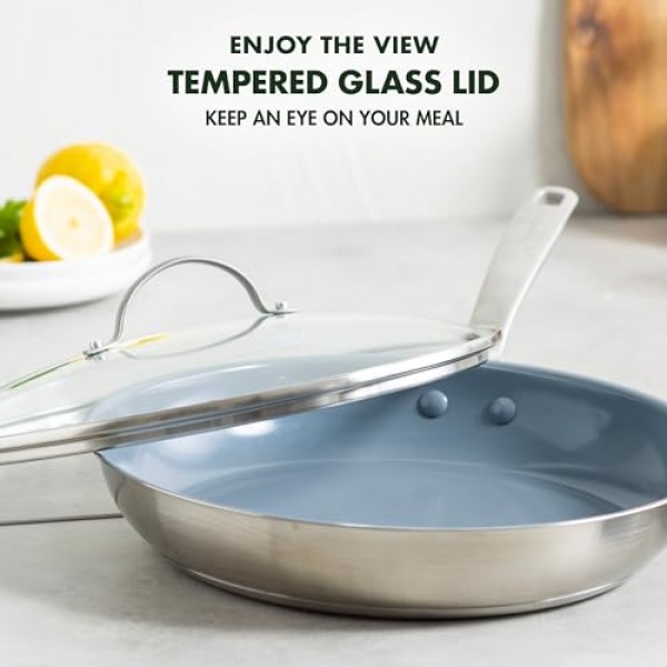 GreenPan Treviso 스테인리스 스틸 건강 세라믹 논스틱, 12인치 뚜껑이 있는 프라이팬 프라이팬, PFAS 없음, 클래드, 인덕션, 식기세척기 사용 가능, 실버