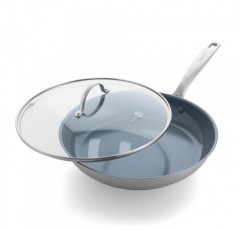 GreenPan Treviso 스테인리스 스틸 건강 세라믹 논스틱, 12인치 뚜껑이 있는 프라이팬 프라이팬, PFAS 없음, 클래드, 인덕션, 식기세척기 사용 가능, 실버