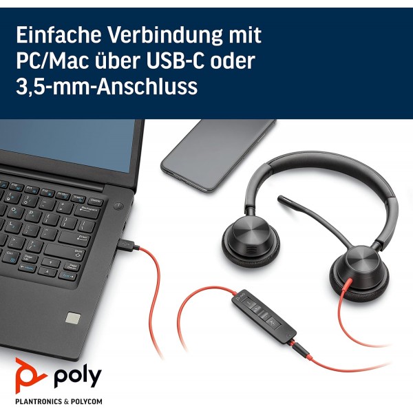 Plantronics - Blackwire 3325 USB-C(Poly) - 마이크 붐 및 케이블이 포함된 투이어 헤드셋(스테레오) - USB-C를 통해 PC/Mac에 연결하거나 3.5mm 잭을 통해 스마트폰/태블릿에 연결 - Tea
