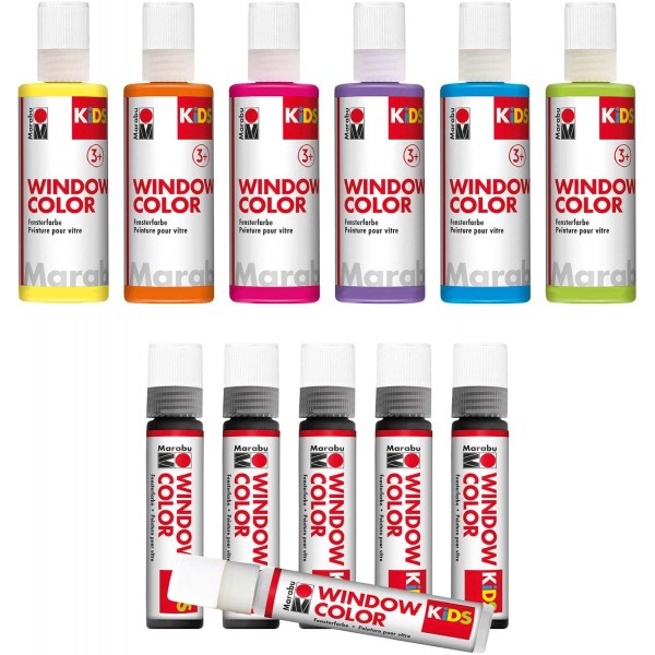 Marabu 0306000000101 - KiDS Window Color Party Set with 6x 80 ml 및 6x 25 ml 페인트, 10개의 컬러링 포일 및 4개의 컬러링 템플릿, 수성 윈도우 페인트, 부드러운 표면용, 어린이를 위한 