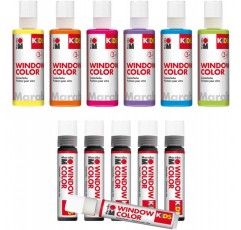 Marabu 0306000000101 - KiDS Window Color Party Set with 6x 80 ml 및 6x 25 ml 페인트, 10개의 컬러링 포일 및 4개의 컬러링 템플릿, 수성 윈도우 페인트, 부드러운 표면용, 어린이를 위한 