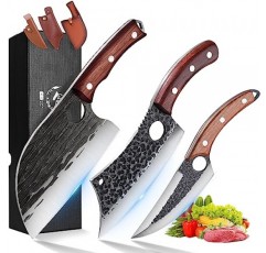 ROCOCO 3PCS 정육점 식칼 칼 세트 고기 절단 세르비아 요리사 칼 주방 야외 바베큐 캠핑 생일 추수 감사절 크리스마스 선물 아이디어 남자를위한 칼집이있는 바이킹 본딩