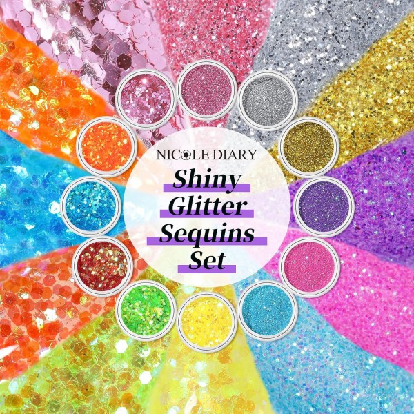 NICOLE DIARY 48 Colors Glitter for Nails, 글리터 파우더 세트 파인 글리터 파우더 글리터 파우더 스팽글 네일 디자인 액세서리 네일 용 글리터 DIY 네일 아트 48 색 글리터 세트