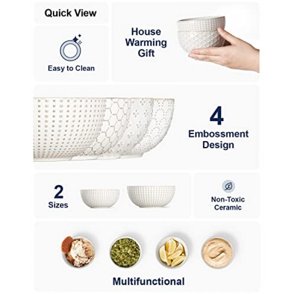 LE TAUCI 작은 그릇 12온스, 아이스크림 그릇, 세라믹 엠보싱 도자기 그릇, 집들이 선물, 디저트 그릇 세트, 과일, 반찬 - 4.5인치, 4개 세트, 북극 흰색