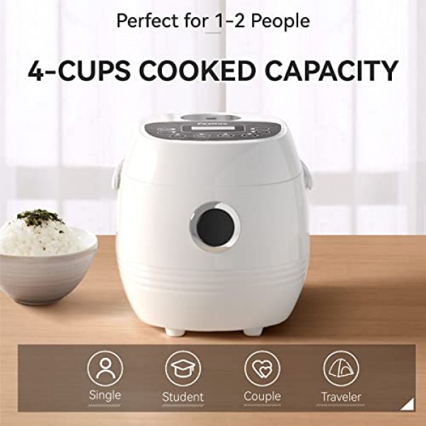 FEEKAA 소형 밥솥 2컵, 미니 일본 밥솥, 6-in-1 휴대용 슬로우 쿠커, 여행용 밥솥, 수프 메이커, 스튜 냄비, 보온 및 지연 타이머, 흰색, 1.2L