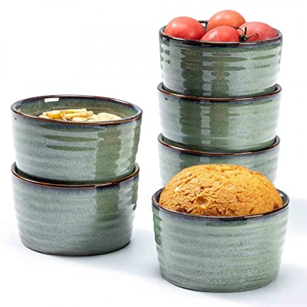 Henten Home 세라믹 8온스 라메킨 세트, 도자기 수플레 라메킨 6개 세트, 베이킹, 아이스크림, 푸딩, 오븐 및 전자레인지 안전 소형 그릇용 크림 브륄레 라메킨, 쌓을 수 있