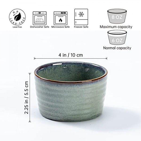 Henten Home 세라믹 8온스 라메킨 세트, 도자기 수플레 라메킨 6개 세트, 베이킹, 아이스크림, 푸딩, 오븐 및 전자레인지 안전 소형 그릇용 크림 브륄레 라메킨, 쌓을 수 있