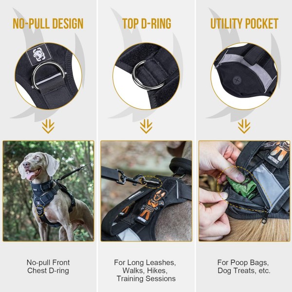 OneTigris Grover Tactical No Pull Dog Harness for Large/Medium Dogs 조절 가능한 가슴 하네스 강아지 1 핸들 개 조끼와 똥 가방 포켓 반사 스트립 L (목: 45-63cm, 가슴: 68-91cm) 블랙
